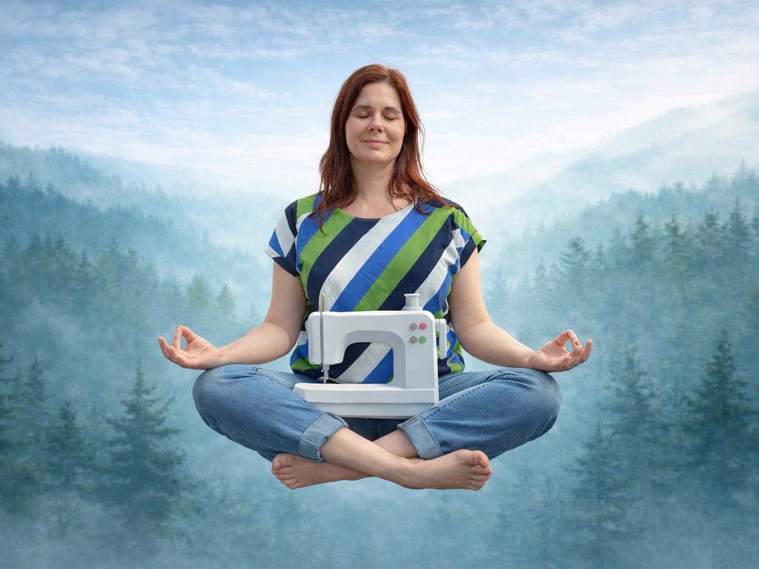 Nähen ist Meditation - schwebend mit der Nähmaschine in Meditationspose