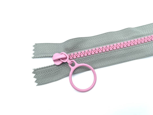 Reißverschluss mit Ringzipper 25cm Grau Rosa