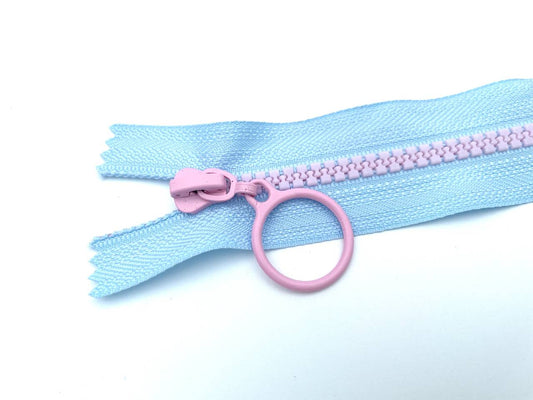 Reißverschluss mit Ringzipper 25cm Hellblau Rosa