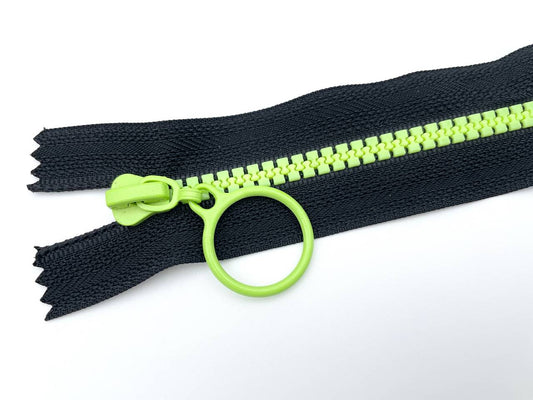 Reißverschluss mit Ringzipper 25cm Schwarz Neongrün