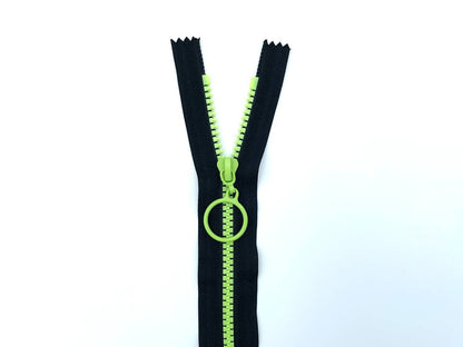 Reißverschluss mit Ringzipper 25cm Schwarz Neongrün